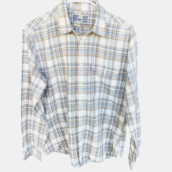 Back Bay Rowing Co. Shirt Mens Large Plaid Button Up Long Sleeve Blue Brown - Picture 1 of 10
